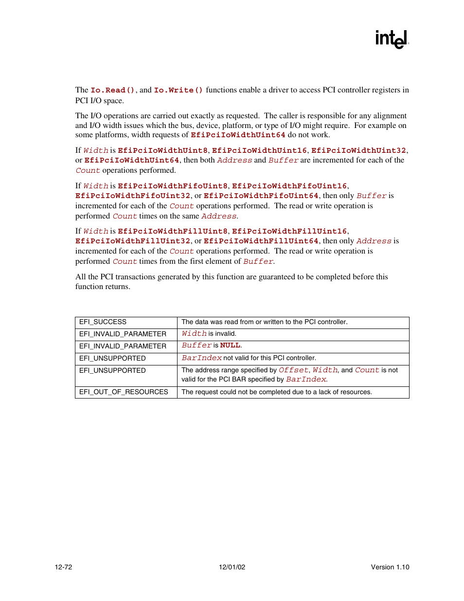 Description, Status codes returned | Intel Extensible Firmware Interface User Manual | Page 490 / 1084