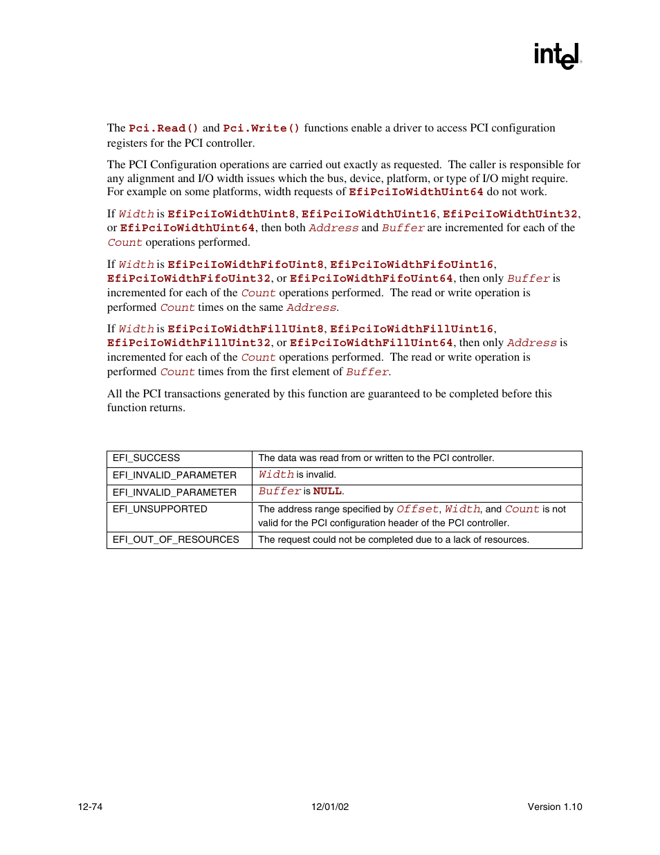 Description, Status codes returned | Intel Extensible Firmware Interface User Manual | Page 492 / 1084