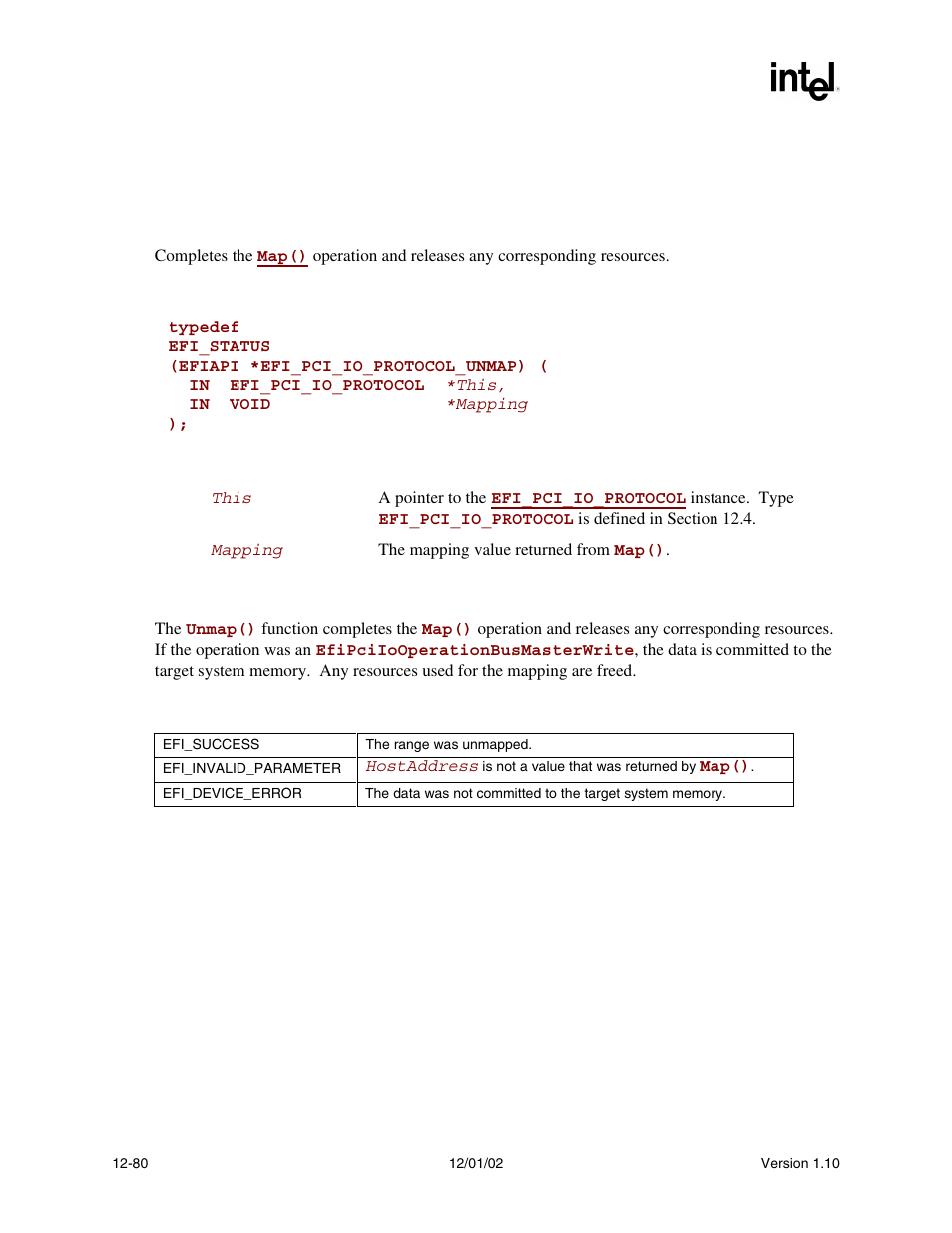 Efi_pci_io_protocol.unmap(), Unmap(), When co | Intel Extensible Firmware Interface User Manual | Page 498 / 1084