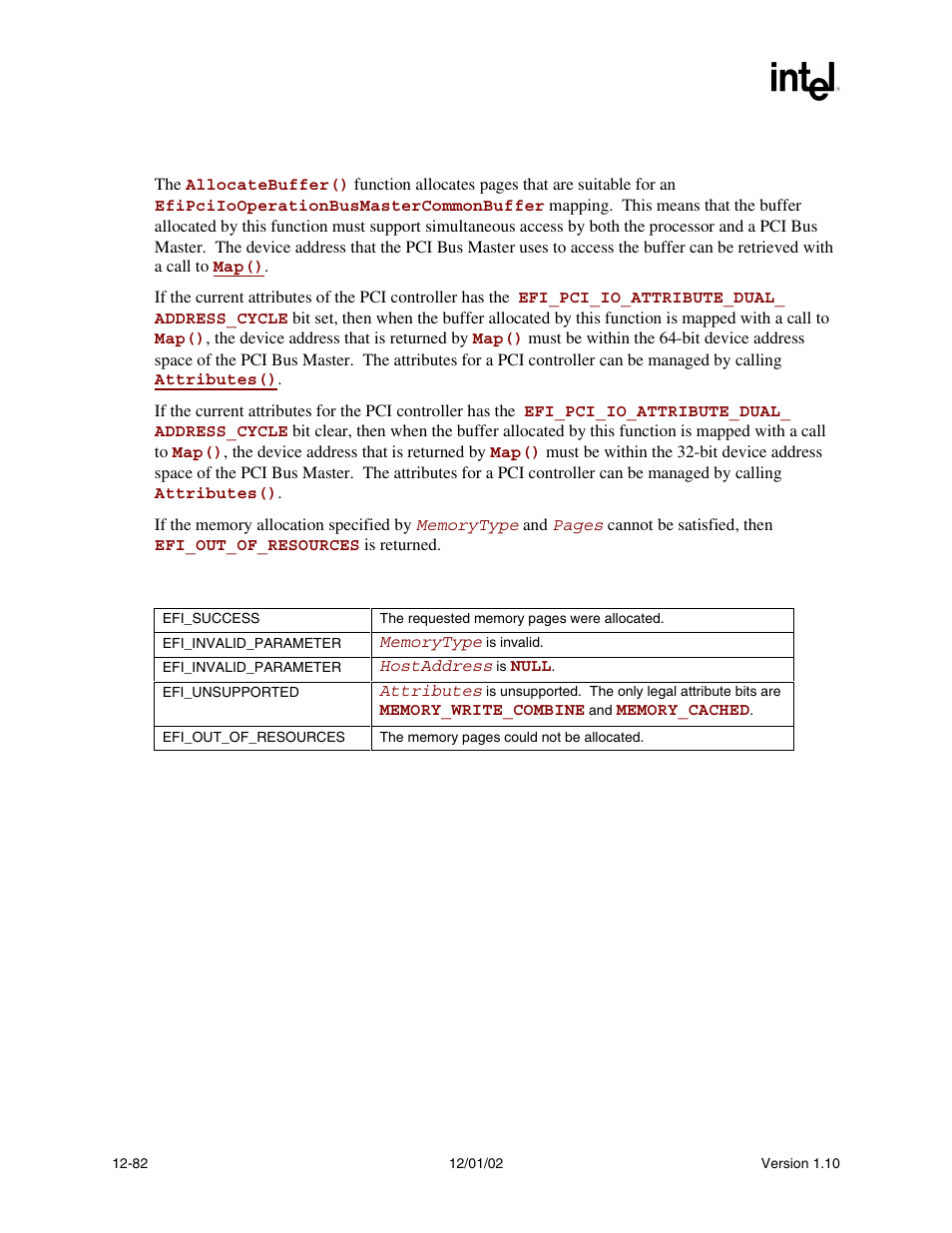 Description, Status codes returned | Intel Extensible Firmware Interface User Manual | Page 500 / 1084