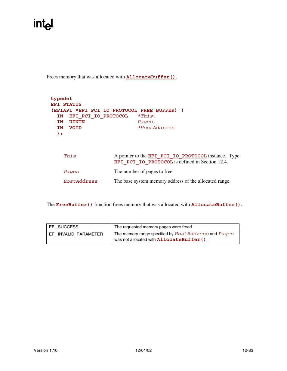 Efi_pci_io_protocol.freebuffer(), Freebuffer(), Func | Efi_pci_io_protocol.freebuffer() summary, Prototype, Parameters, Description, Status codes returned | Intel Extensible Firmware Interface User Manual | Page 501 / 1084