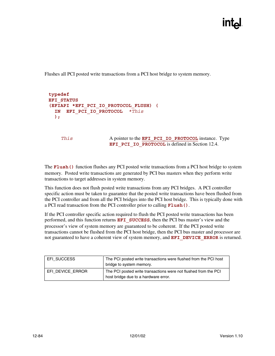 Efi_pci_io_protocol.flush(), Flush(), Func | Intel Extensible Firmware Interface User Manual | Page 502 / 1084