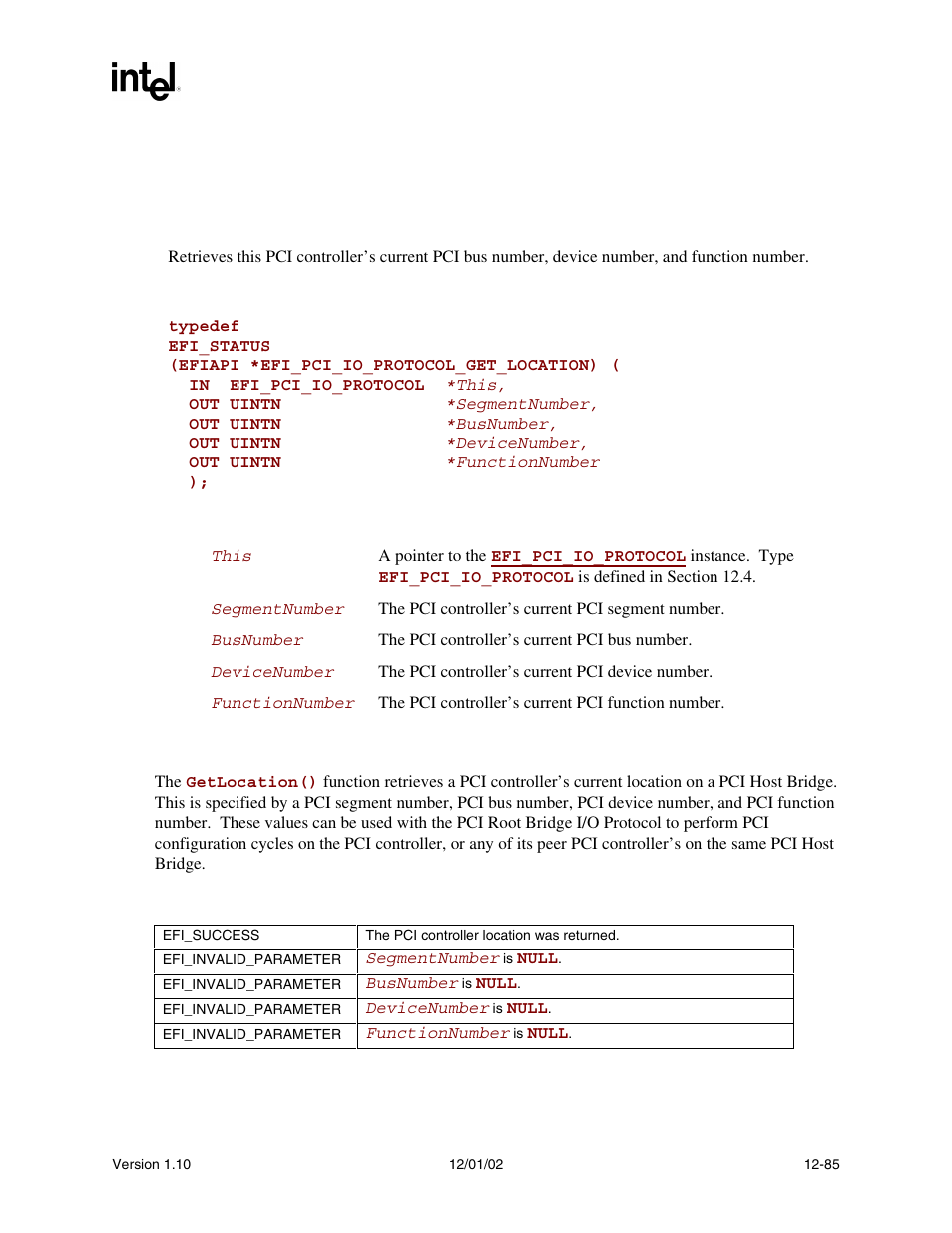 Efi_pci_io_protocol.getlocation(), Getlocation(), Efi_pci_io_protocol.getlocation() summary | Prototype, Parameters, Description, Status codes returned | Intel Extensible Firmware Interface User Manual | Page 503 / 1084