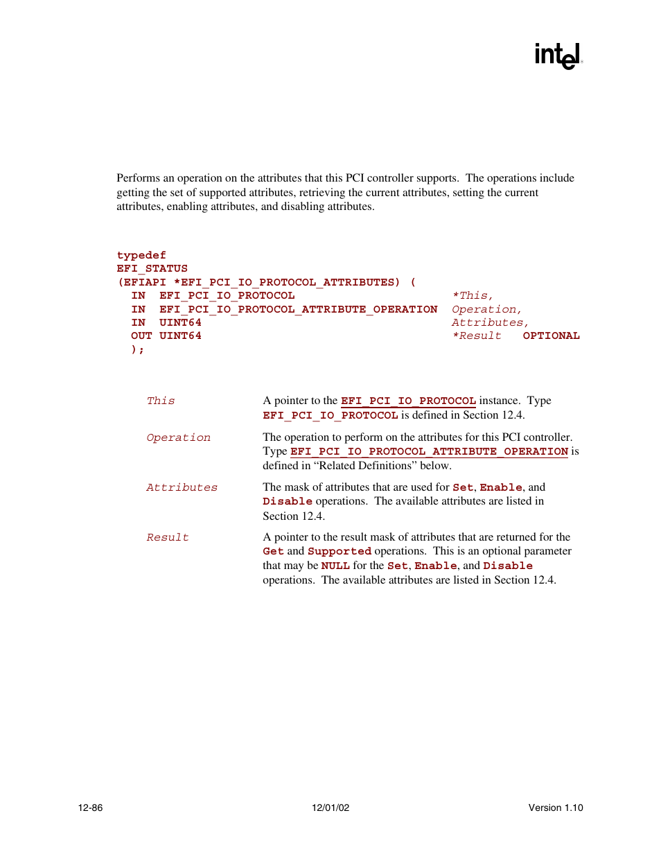Efi_pci_io_protocol.attributes(), Attributes(), To ena | Func | Intel Extensible Firmware Interface User Manual | Page 504 / 1084
