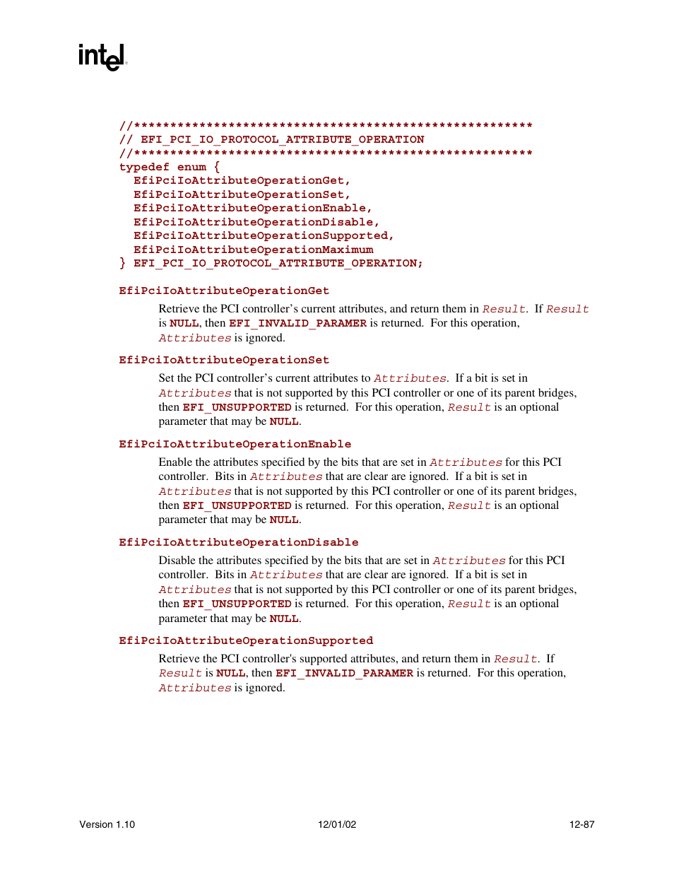 Type, Efi_pci_io_protocol_attribute_operation | Intel Extensible Firmware Interface User Manual | Page 505 / 1084