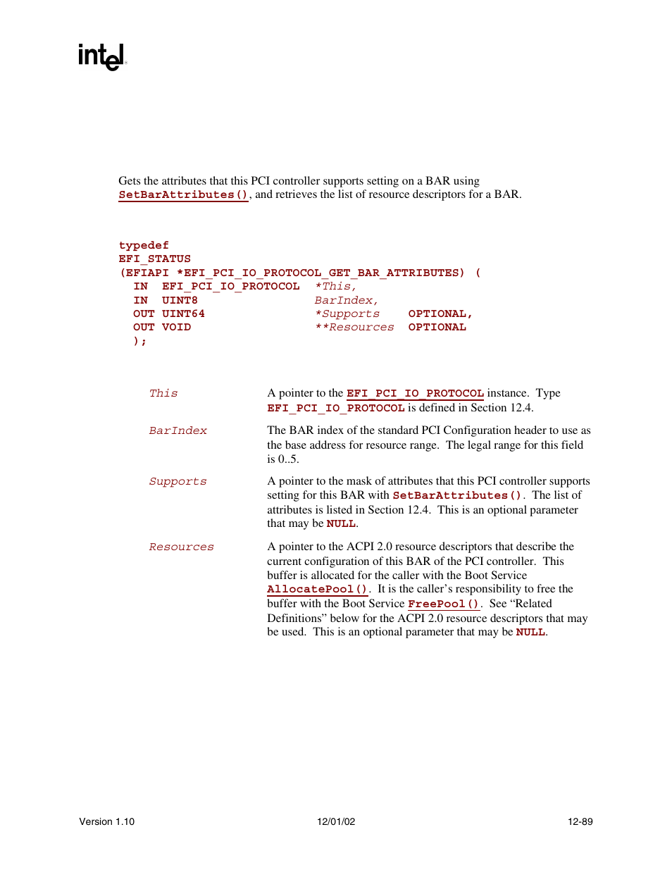 Efi_pci_io_protocol.getbarattributes(), Getbarattributes(), Func | Intel Extensible Firmware Interface User Manual | Page 507 / 1084