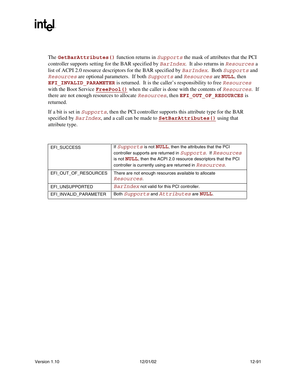 Description, Status codes returned | Intel Extensible Firmware Interface User Manual | Page 509 / 1084