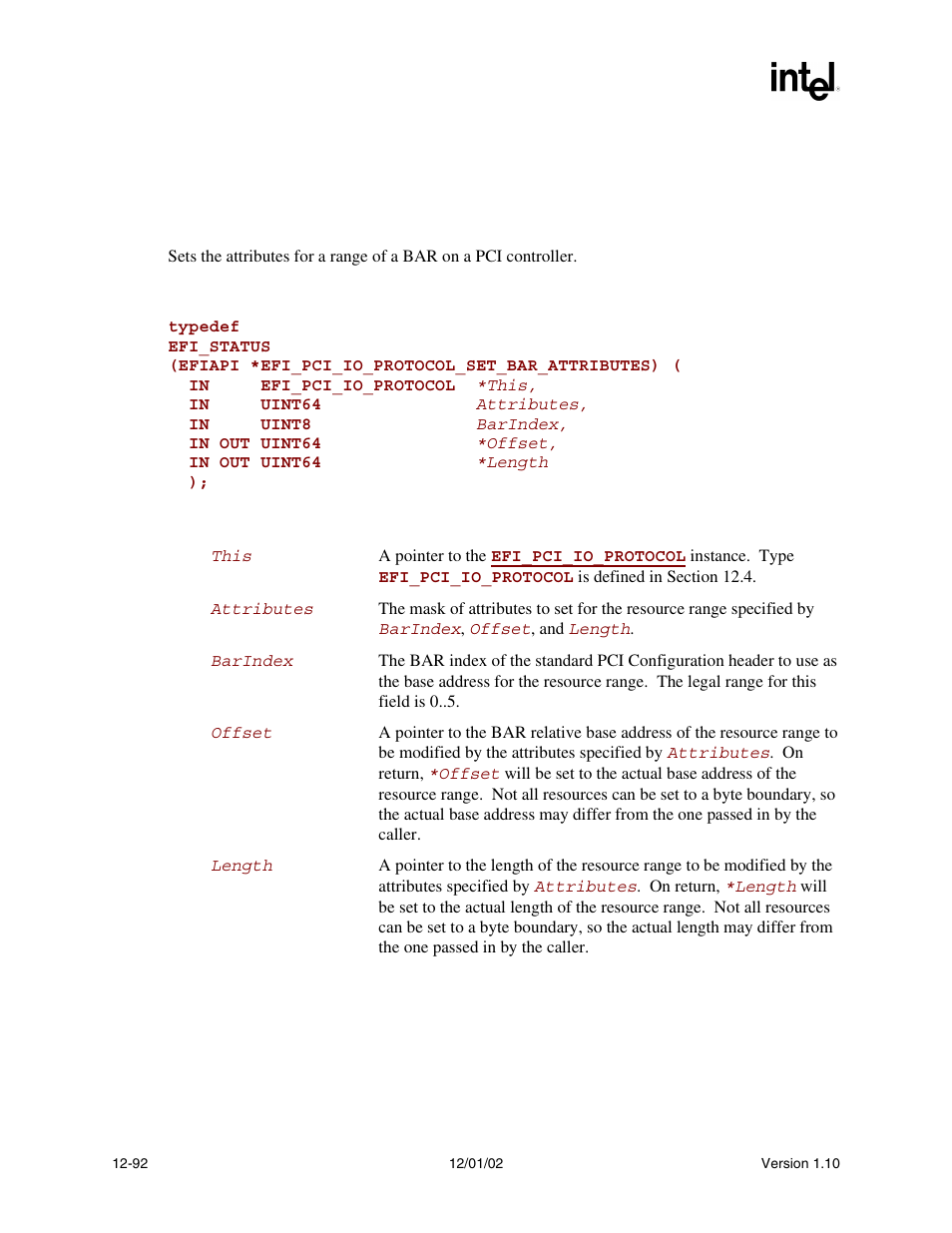 Efi_pci_io_protocol.setbarattributes(), Bar using, Setbarattributes() | And r, Ll can be made to | Intel Extensible Firmware Interface User Manual | Page 510 / 1084