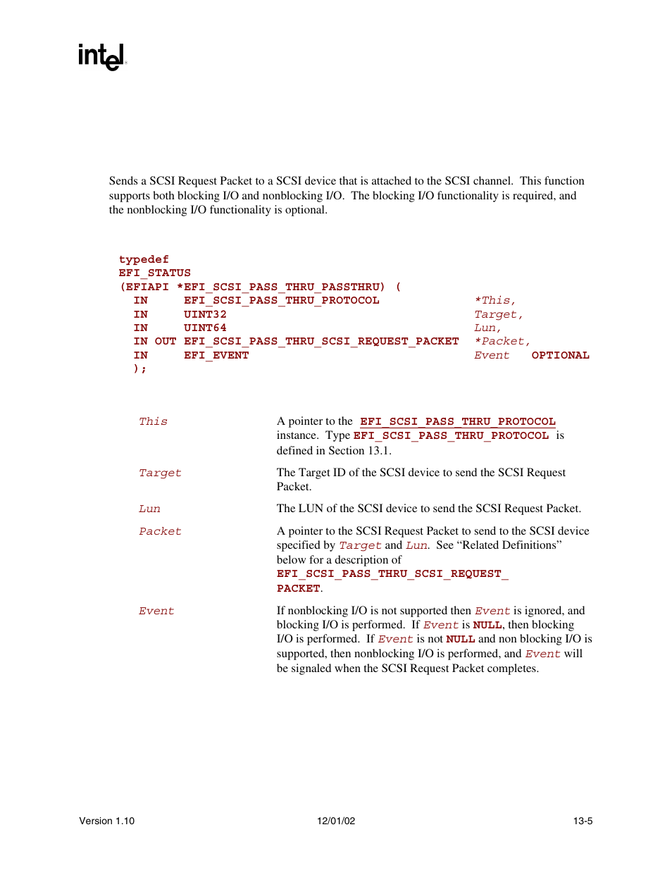 Efi_scsi_pass_thru_protocol.passthru(), Passthru() | Intel Extensible Firmware Interface User Manual | Page 525 / 1084