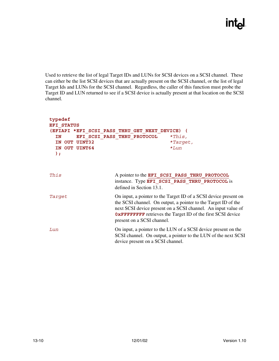 Efi_scsi_pass_thru_protocol.getnextdevice(), Getnextdevice() | Intel Extensible Firmware Interface User Manual | Page 530 / 1084