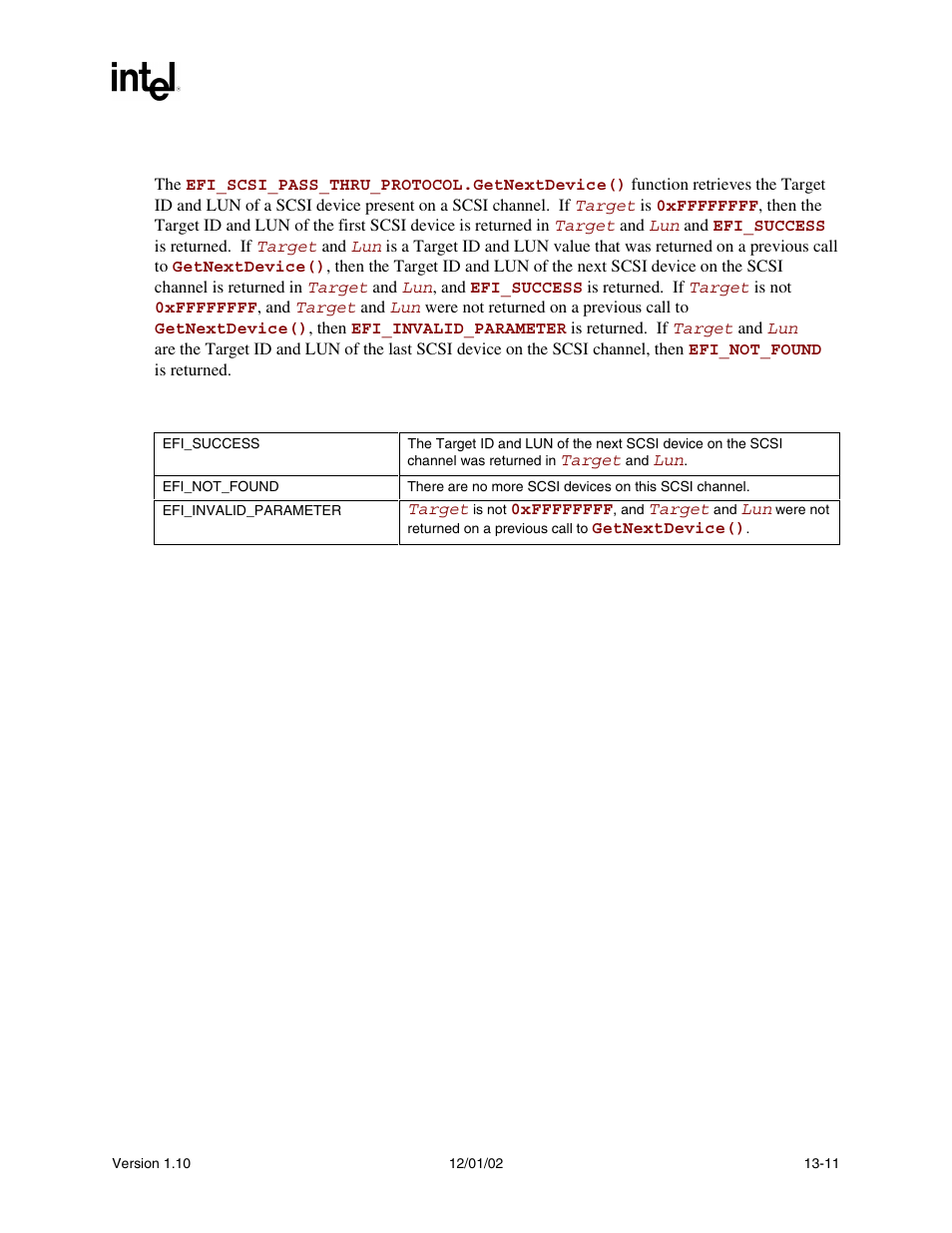 Description, Status codes returned | Intel Extensible Firmware Interface User Manual | Page 531 / 1084