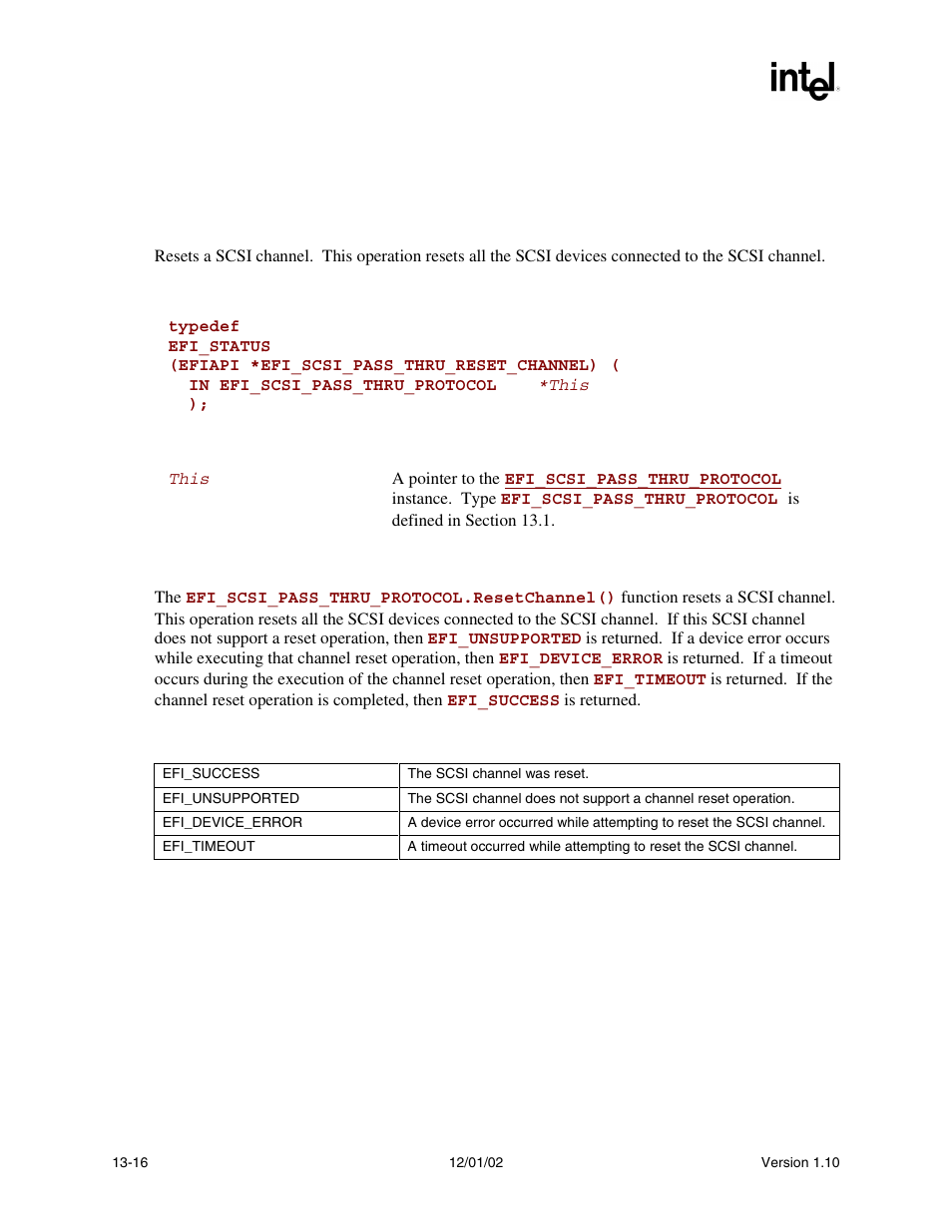 Efi_scsi_pass_thru_protocol.resetchannel(), Resetchannel(), Func | Efi_scsi_pass_thru_protocol.resetchannel() summary, Prototype, Parameters, Description, Status codes returned | Intel Extensible Firmware Interface User Manual | Page 536 / 1084