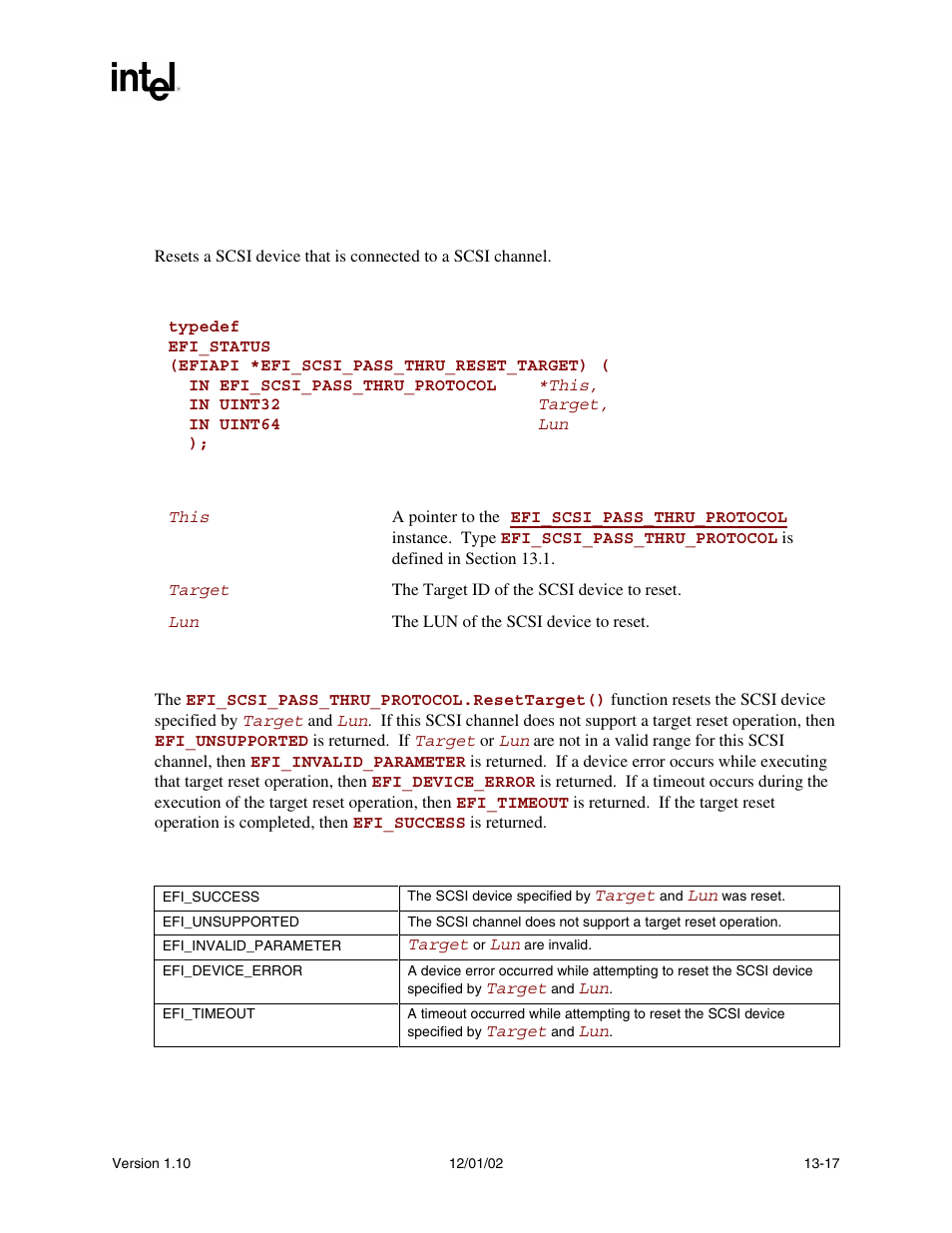 Efi_scsi_pass_thru_protocol.resettarget(), Resettarget(), Efi_scsi_pass_thru_protocol.resettarget() summary | Prototype, Parameters, Description, Status codes returned | Intel Extensible Firmware Interface User Manual | Page 537 / 1084