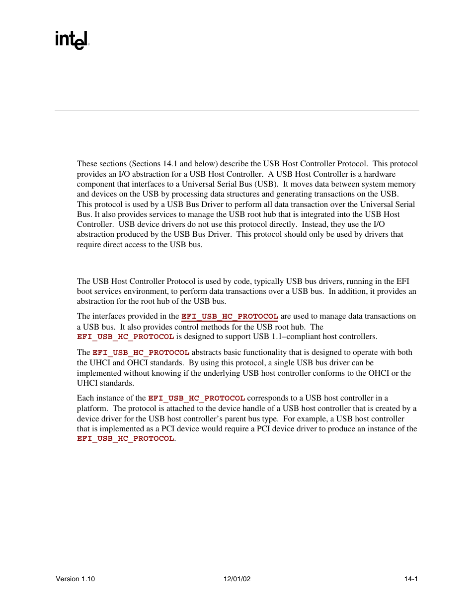 14 protocols - usb support, 1 usb host controller protocol, 1 usb host controller protocol overview | Intel Extensible Firmware Interface User Manual | Page 541 / 1084