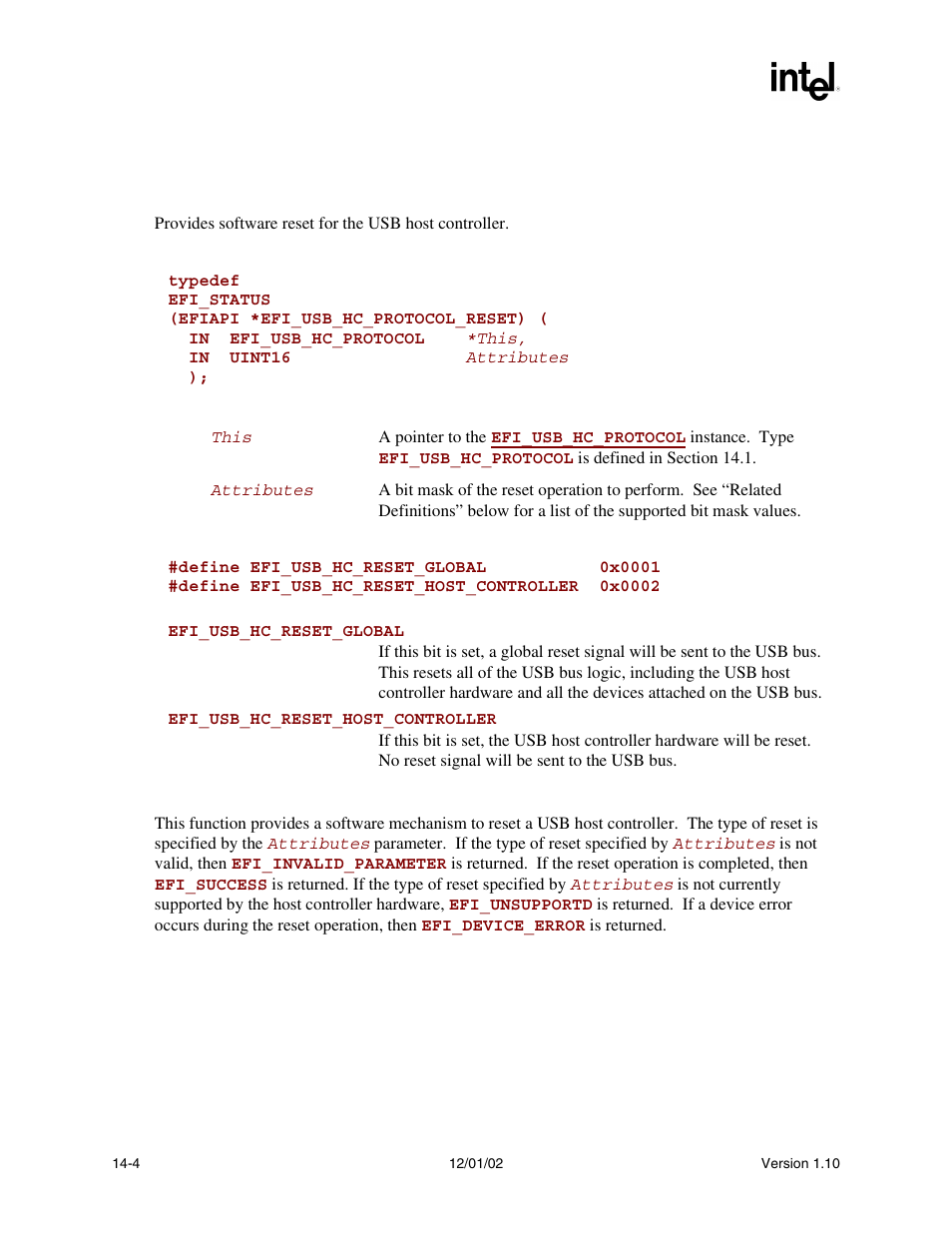Efi_usb_hc_protocol.reset(), E the, Reset() | Intel Extensible Firmware Interface User Manual | Page 544 / 1084