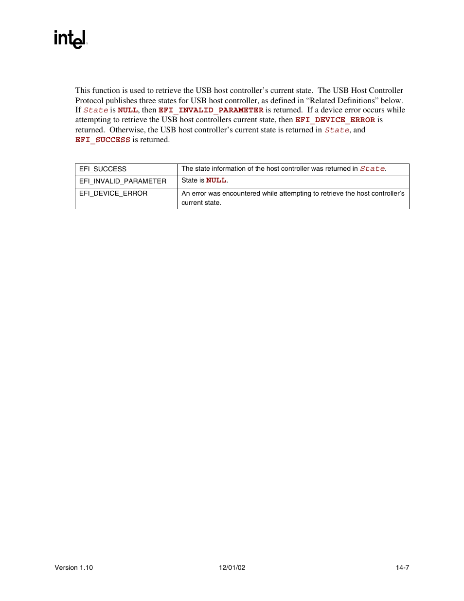 Description, Status codes returned | Intel Extensible Firmware Interface User Manual | Page 547 / 1084