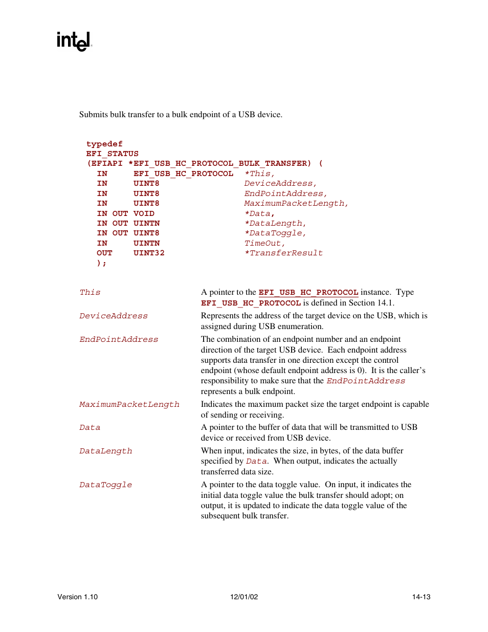 Efi_usb_hc_protocol.bulktransfer(), Bulktransfer() | Intel Extensible Firmware Interface User Manual | Page 553 / 1084