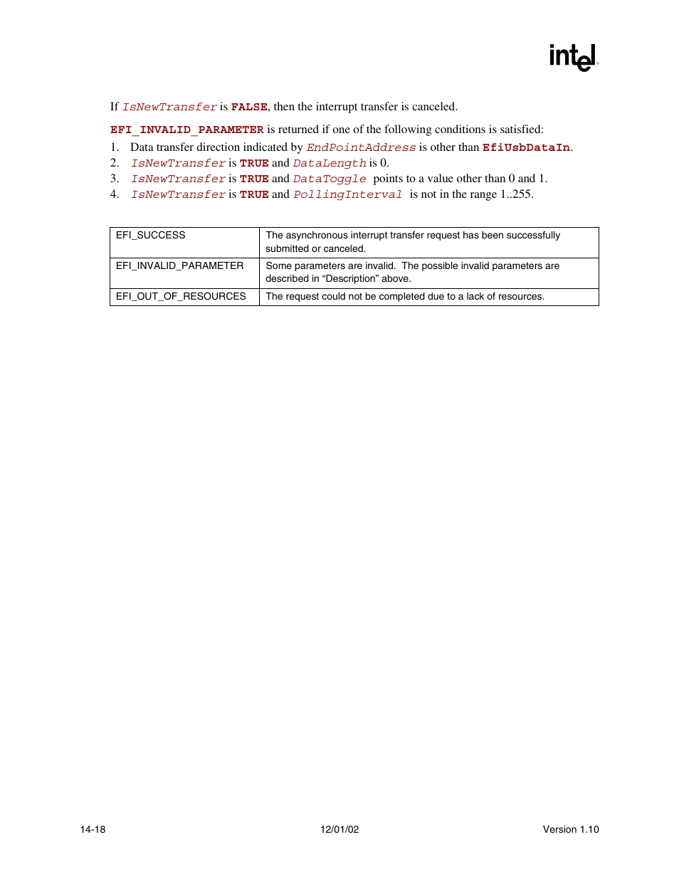 Status codes returned | Intel Extensible Firmware Interface User Manual | Page 558 / 1084