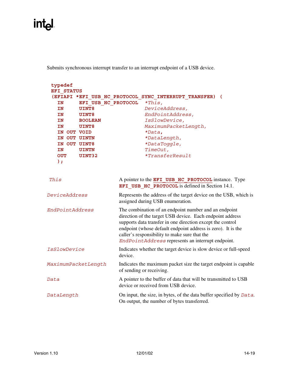 Efi_usb_hc_protocol.syncinterrupttransfer(), Syncinterrupttransfer() | Intel Extensible Firmware Interface User Manual | Page 559 / 1084