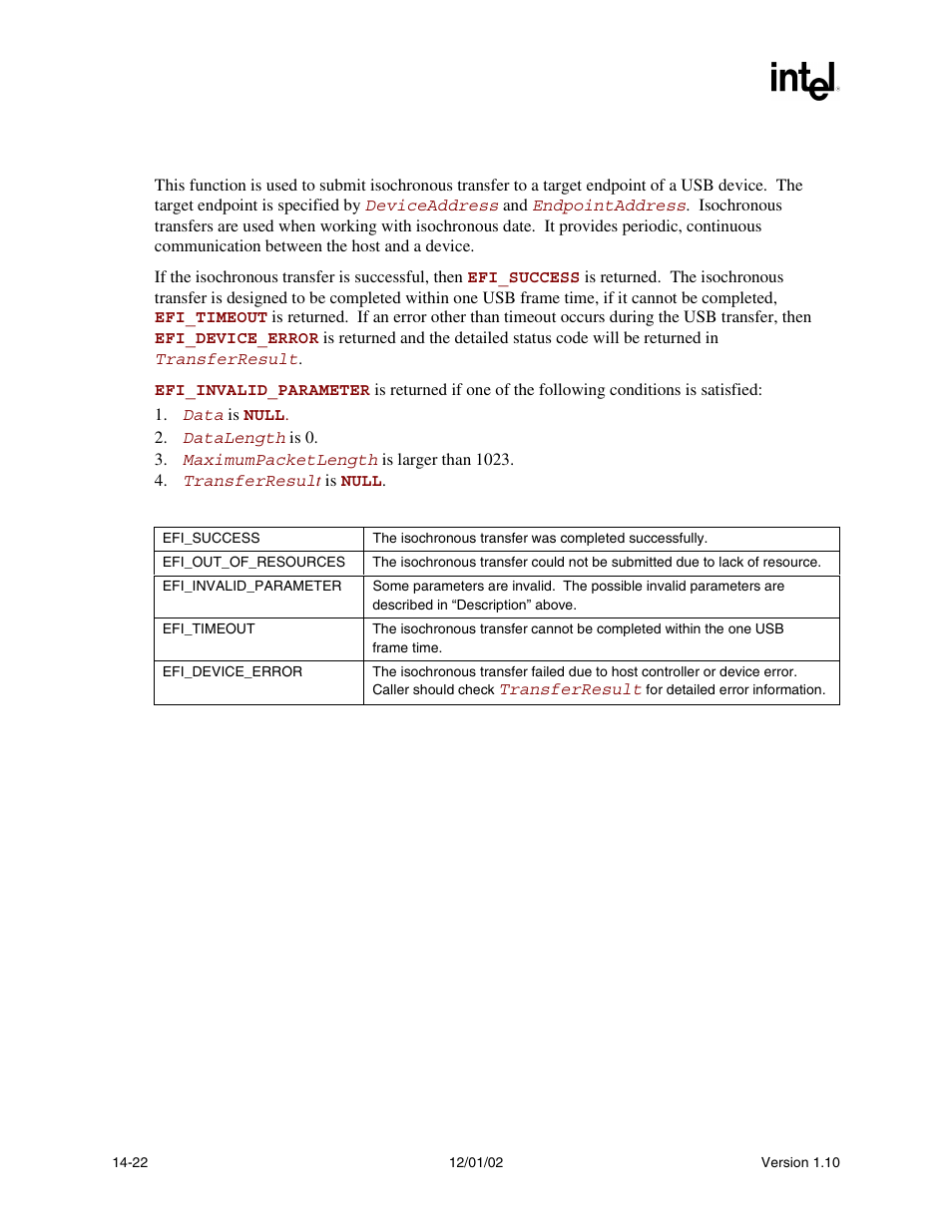 Description, Status codes returned | Intel Extensible Firmware Interface User Manual | Page 562 / 1084