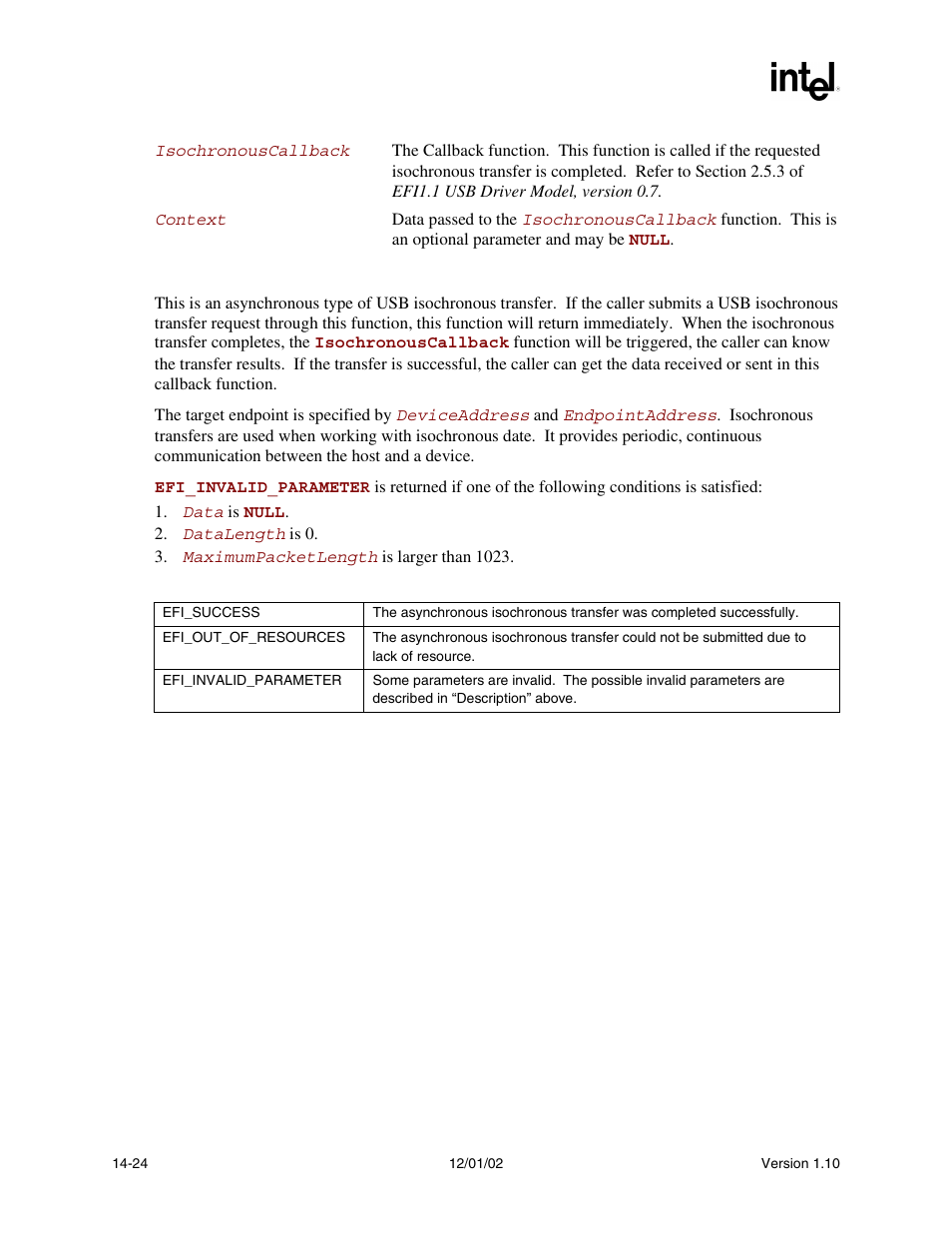 Description, Status codes returned | Intel Extensible Firmware Interface User Manual | Page 564 / 1084