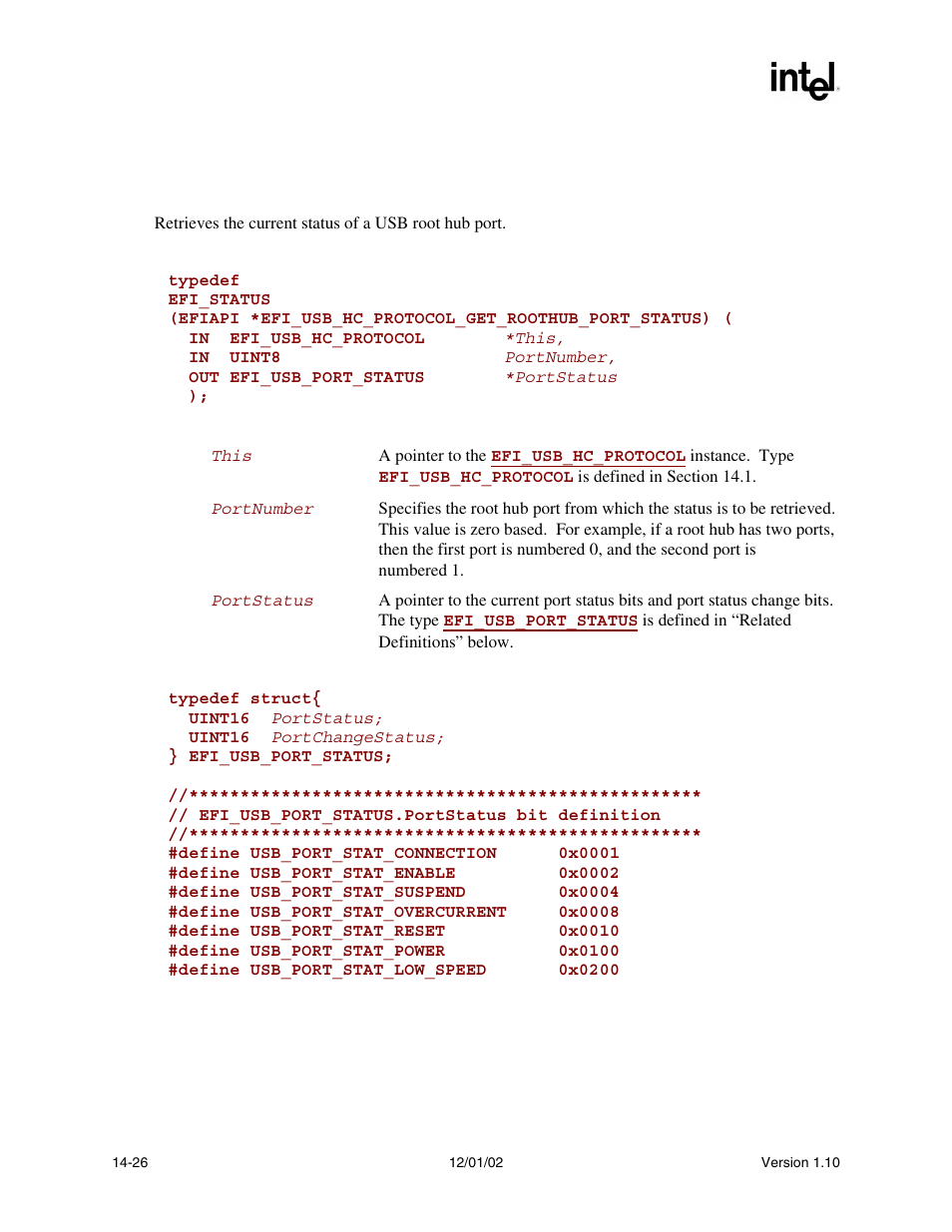 Efi_usb_hc_protocol.getroothubportstatus(), Getroothubportstatus(), Func | Intel Extensible Firmware Interface User Manual | Page 566 / 1084