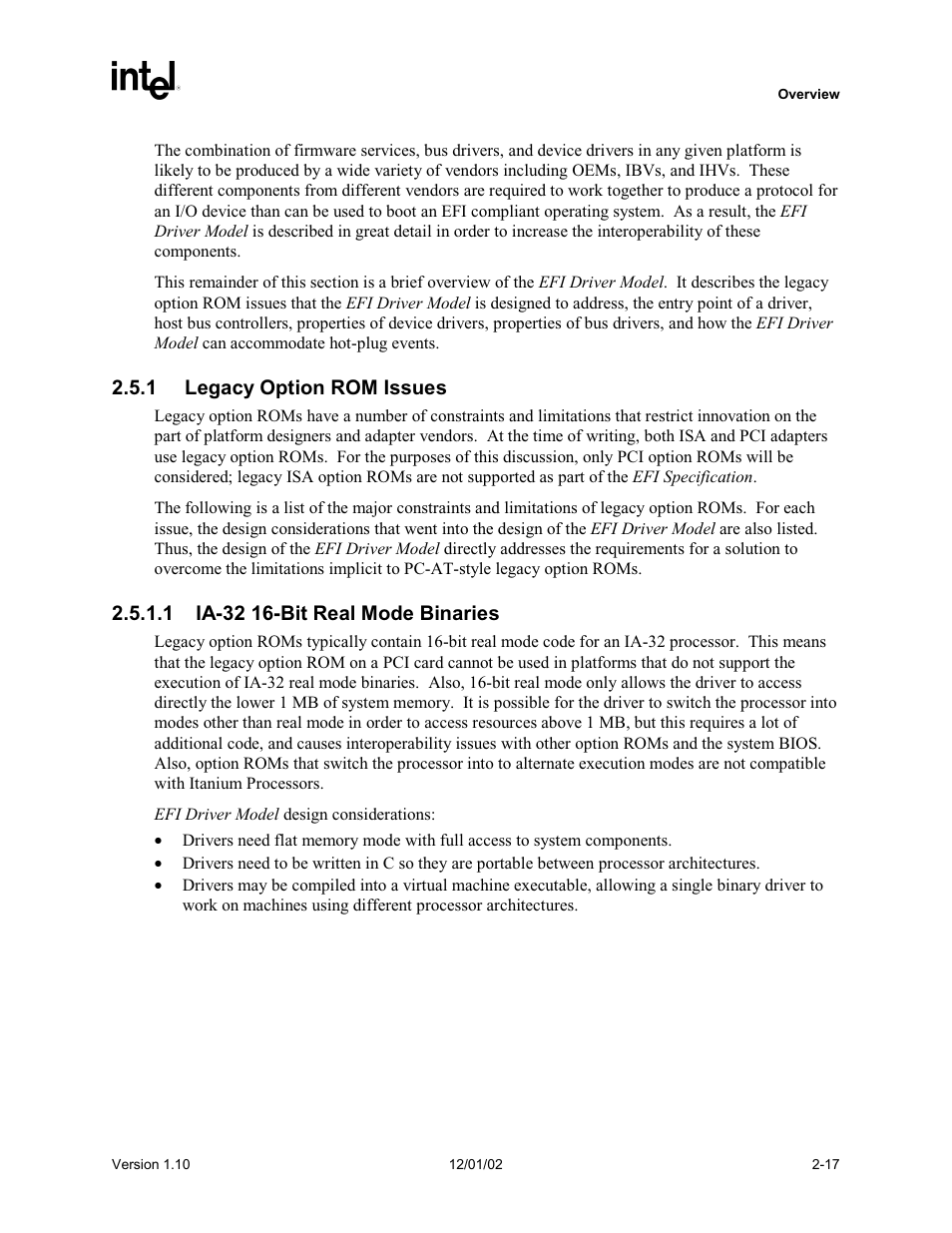 1 legacy option rom issues, 1 ia-32 16-bit real mode binaries | Intel Extensible Firmware Interface User Manual | Page 57 / 1084