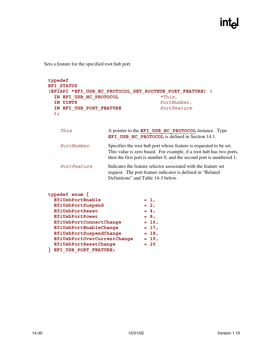 Efi_usb_hc_protocol.setroothubportfeature(), Setroothubportfeature(), Func | Intel Extensible Firmware Interface User Manual | Page 570 / 1084