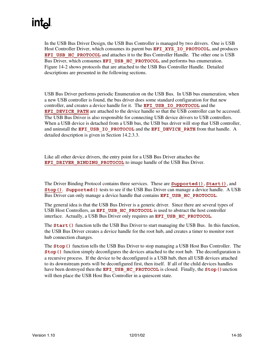 3 usb bus driver, 1 usb bus driver entry point, 2 driver binding protocol for usb bus drivers | Intel Extensible Firmware Interface User Manual | Page 575 / 1084