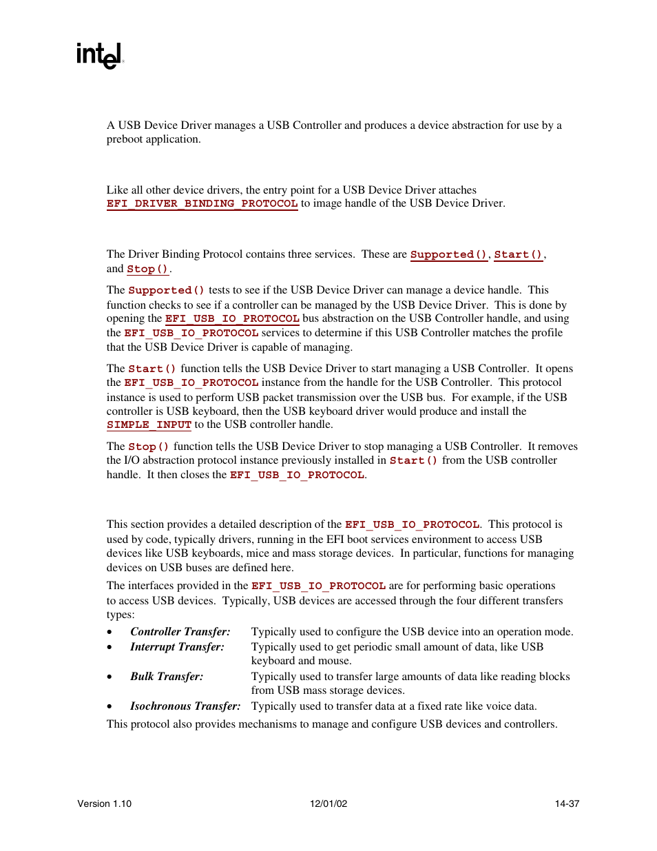 4 usb device driver, 1 usb device driver entry point, 2 driver binding protocol for usb device drivers | 5 efi usb i/o protocol overview | Intel Extensible Firmware Interface User Manual | Page 577 / 1084