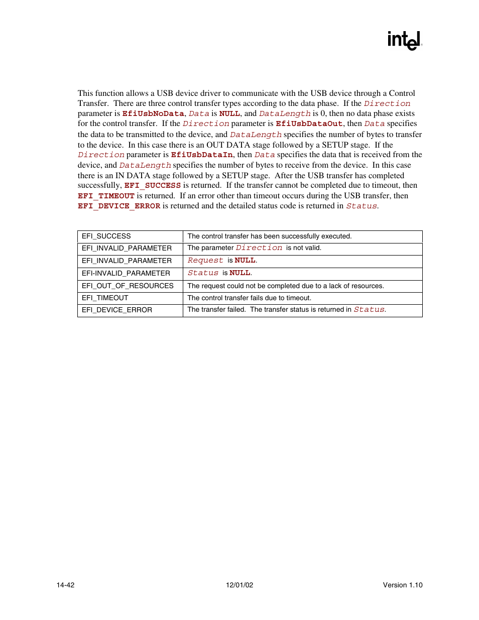Description, Status code returned | Intel Extensible Firmware Interface User Manual | Page 582 / 1084