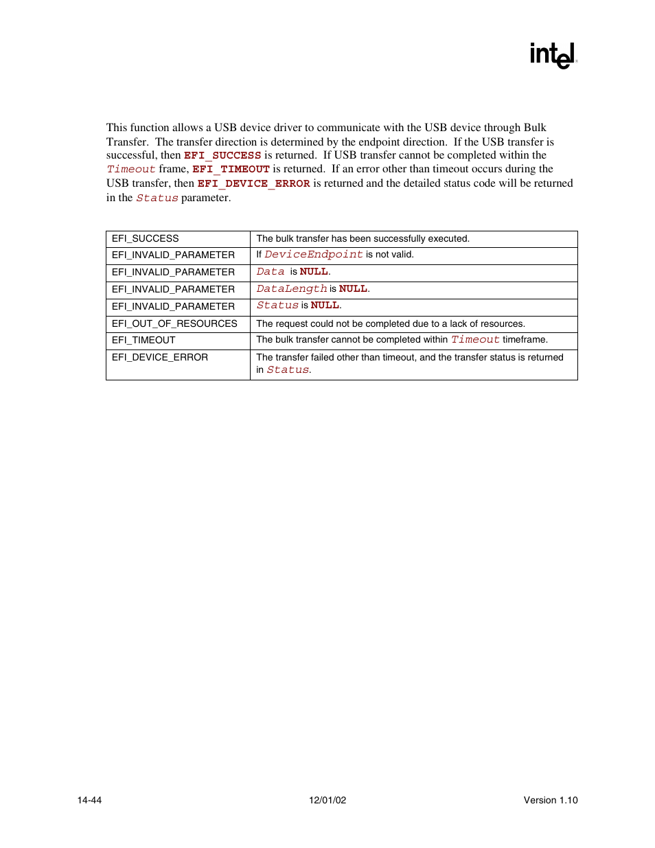 Description, Status code returned | Intel Extensible Firmware Interface User Manual | Page 584 / 1084