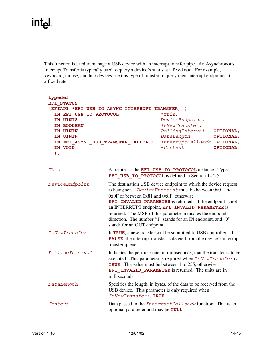 Efi_usb_io_protocol.usbasyncinterrupttransfer(), Usbasyncinterrupttransfer(), Func | Intel Extensible Firmware Interface User Manual | Page 585 / 1084