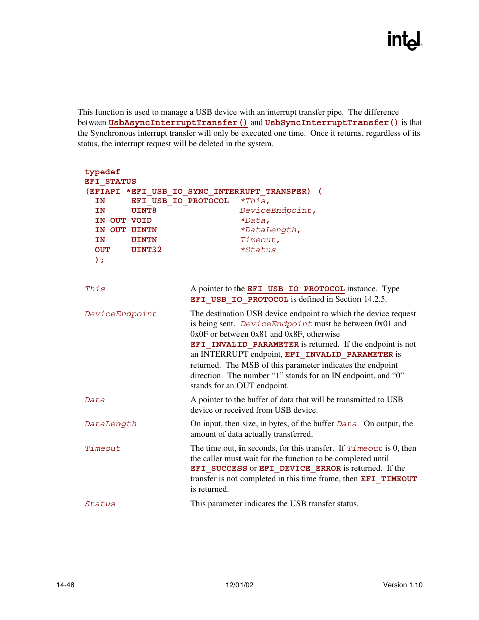 Efi_usb_io_protocol.usbsyncinterrupttransfer(), Usbsyncinterrupttransfer(), Func | Intel Extensible Firmware Interface User Manual | Page 588 / 1084