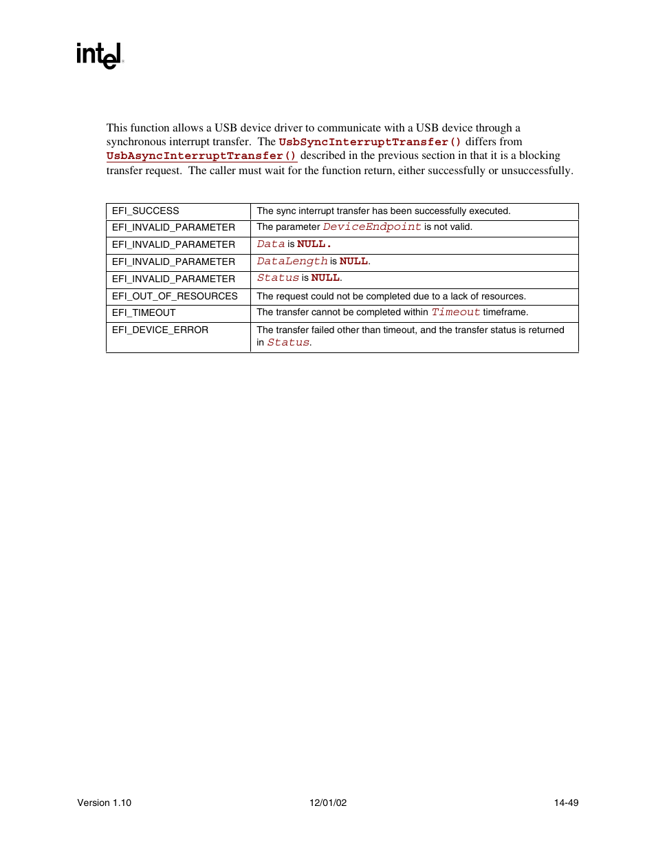 Description, Status code returned | Intel Extensible Firmware Interface User Manual | Page 589 / 1084