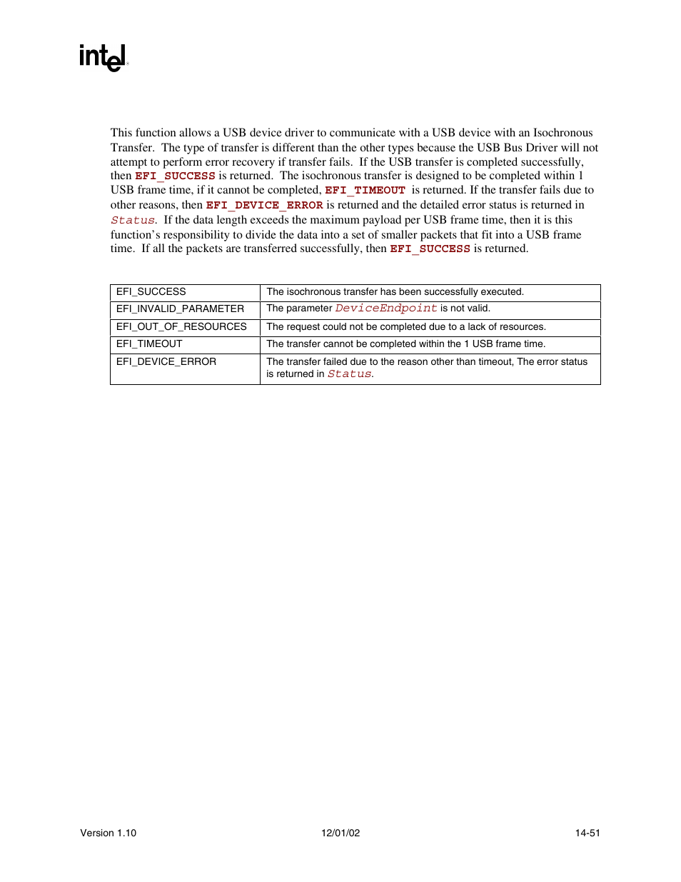 Description, Status code returned | Intel Extensible Firmware Interface User Manual | Page 591 / 1084