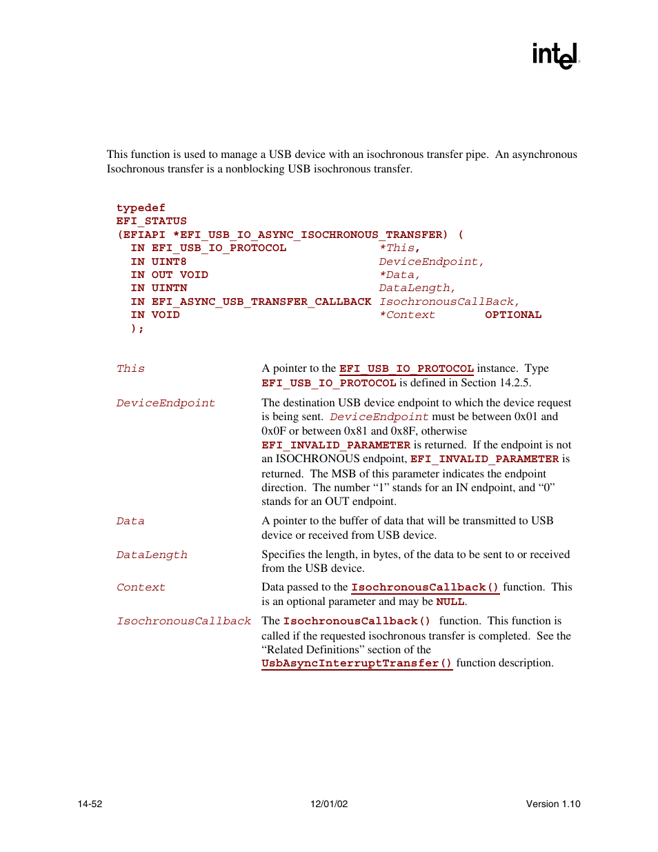 Efi_usb_io_protocol.usbasyncisochronoustransfer(), Usbasyncisochronoustransfer(), Func | Intel Extensible Firmware Interface User Manual | Page 592 / 1084