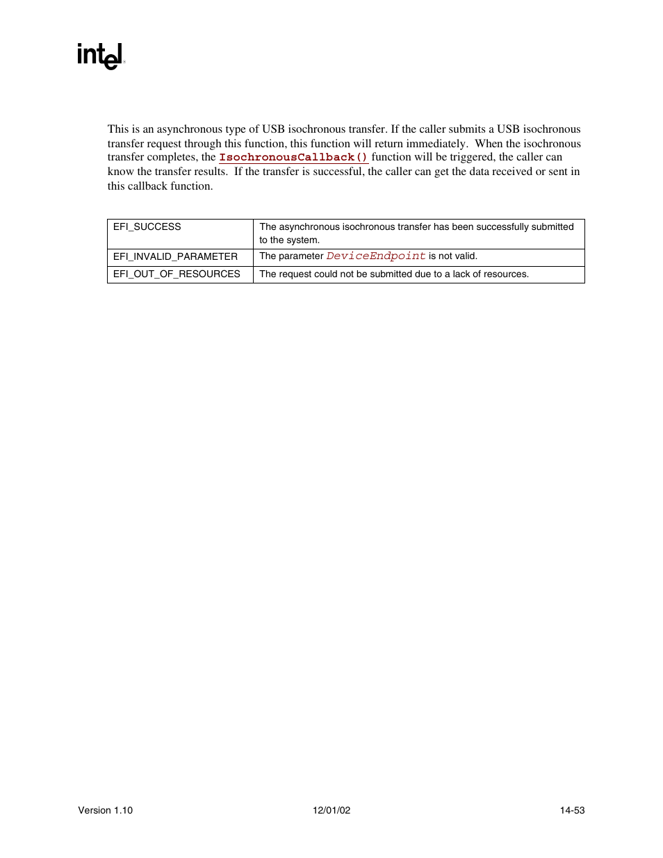 Description, Status code returned | Intel Extensible Firmware Interface User Manual | Page 593 / 1084