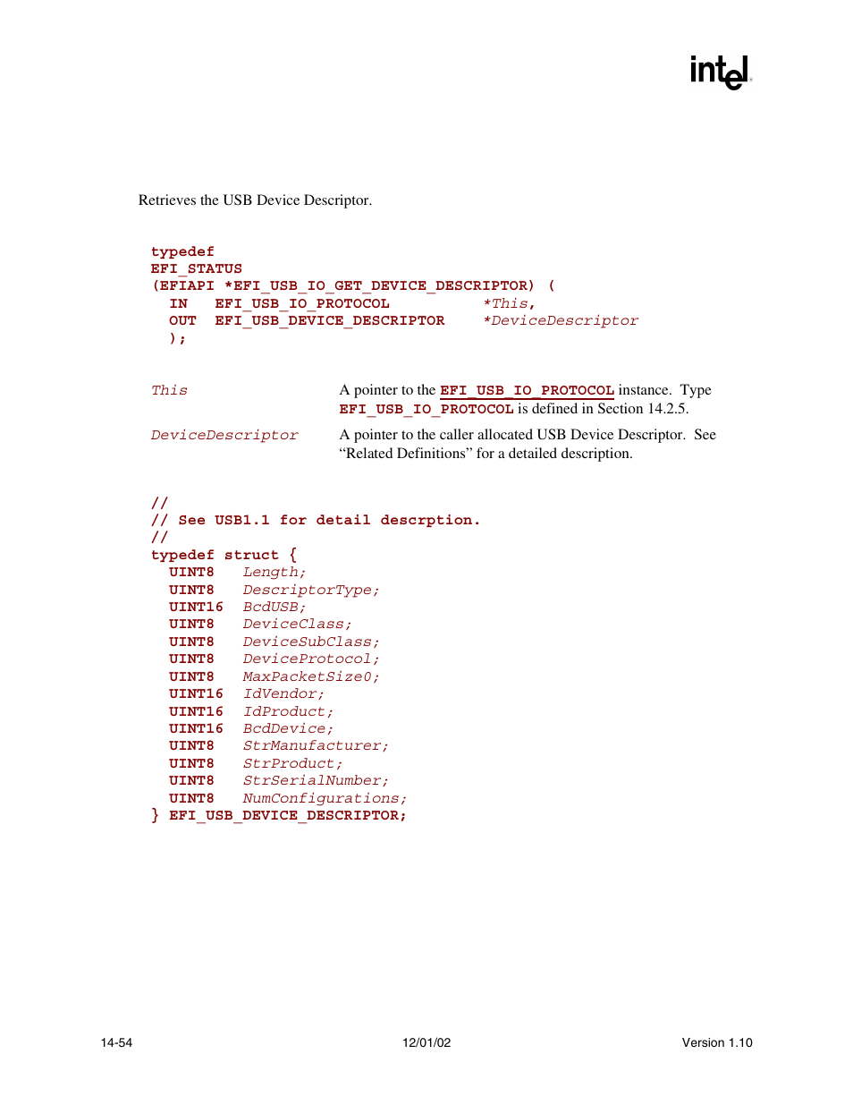 Efi_usb_io_protocol.usbgetdevicedescriptor(), Usbgetdevicedescriptor(), Func | Intel Extensible Firmware Interface User Manual | Page 594 / 1084