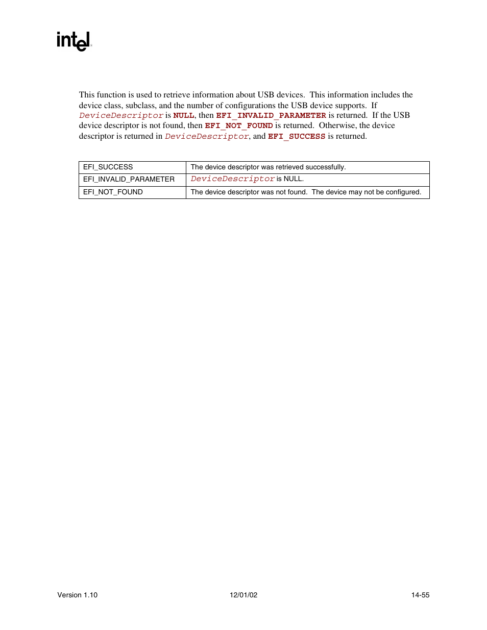 Description, Status code returned | Intel Extensible Firmware Interface User Manual | Page 595 / 1084