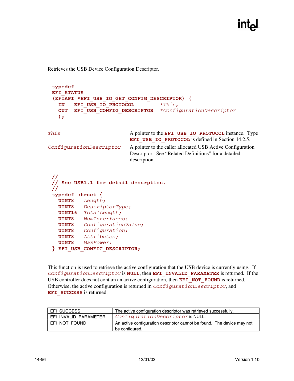Efi_usb_io_protocol.usbgetconfigdescriptor(), Usbgetconfigdescriptor(), Func | Intel Extensible Firmware Interface User Manual | Page 596 / 1084