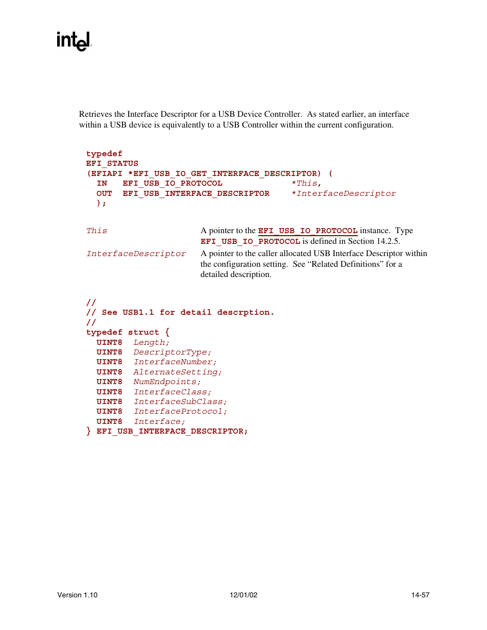 Efi_usb_io_protocol.usbgetinterfacedescriptor(), Usbgetinterfacedescriptor() | Intel Extensible Firmware Interface User Manual | Page 597 / 1084