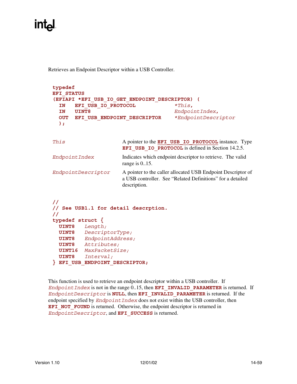 Efi_usb_io_protocol.usbgetendpointdescriptor(), Usbgetendpointdescriptor() | Intel Extensible Firmware Interface User Manual | Page 599 / 1084