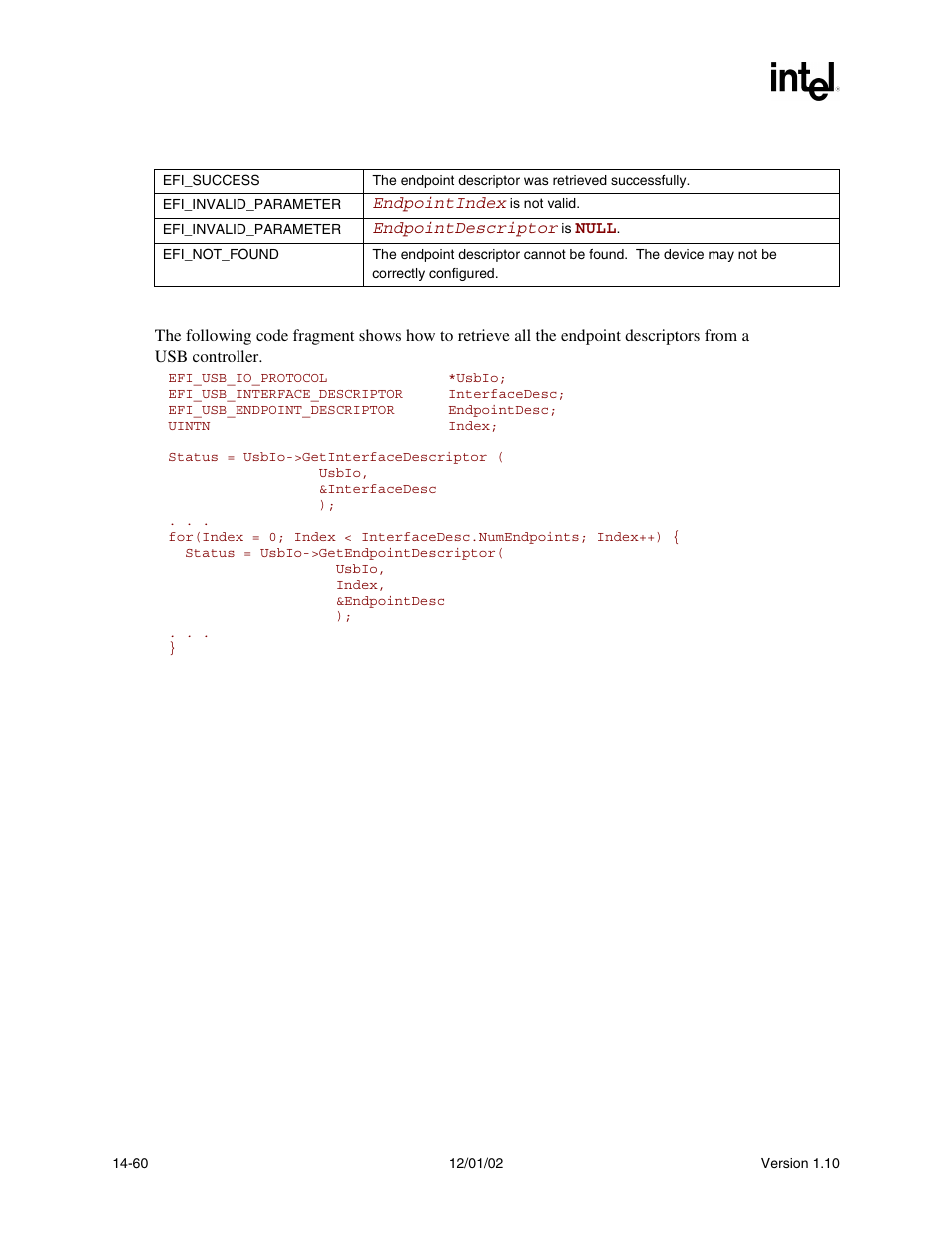 Status code returned, Examples | Intel Extensible Firmware Interface User Manual | Page 600 / 1084