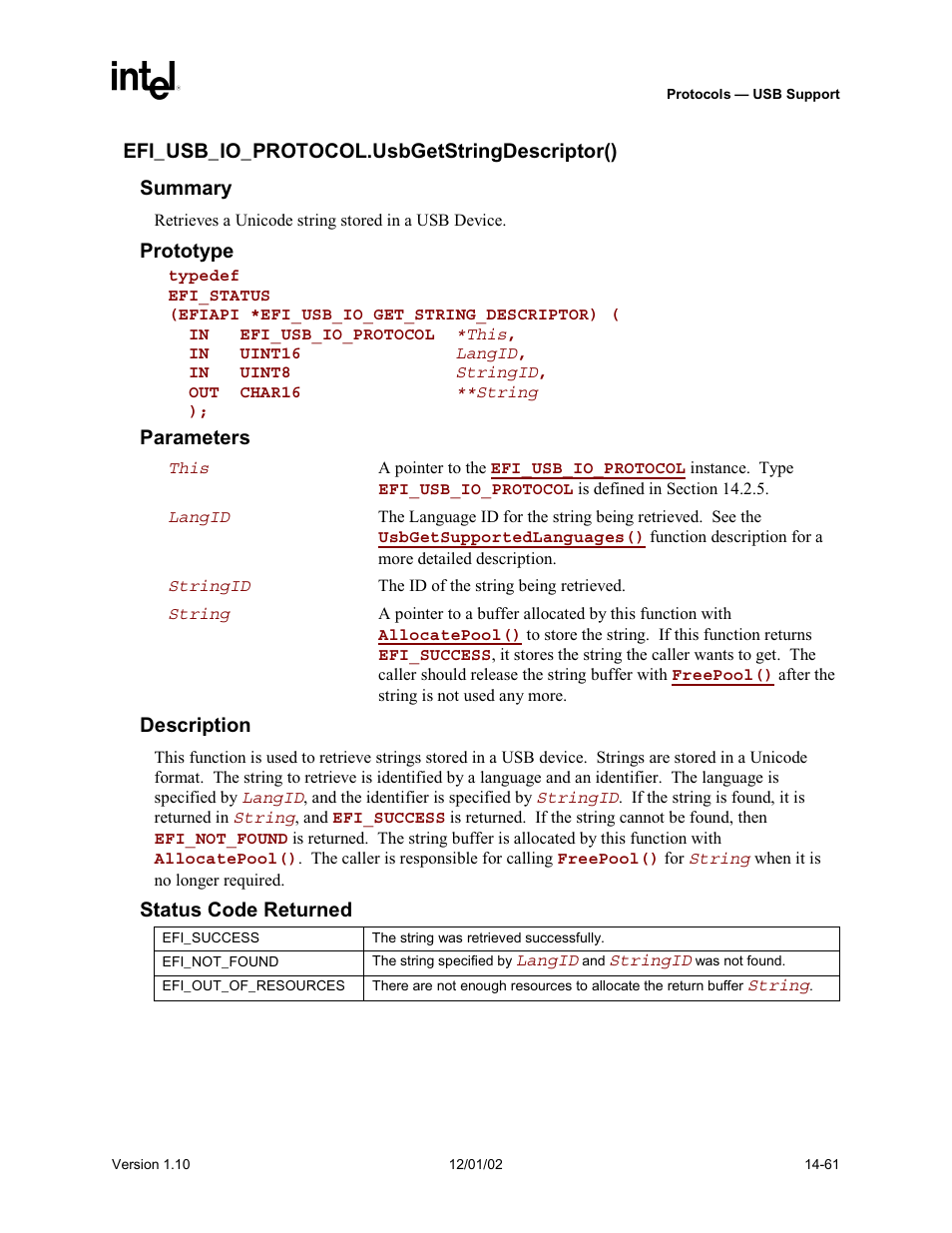 Efi_usb_io_protocol.usbgetstringdescriptor(), Usbgetstringdescriptor(), Func | Intel Extensible Firmware Interface User Manual | Page 601 / 1084