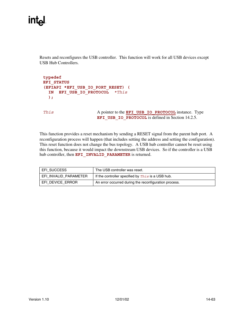 Efi_usb_io_protocol.usbportreset(), Usbportreset(), Func | Prototype, Parameters, Description, Status code returned | Intel Extensible Firmware Interface User Manual | Page 603 / 1084