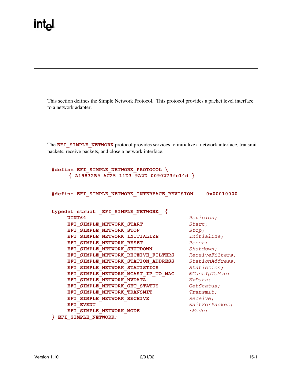 15 protocols - network support, 1 efi_simple_network protocol, Efi_simple_network protocol | Simple_network, Simple network protocol | Intel Extensible Firmware Interface User Manual | Page 607 / 1084