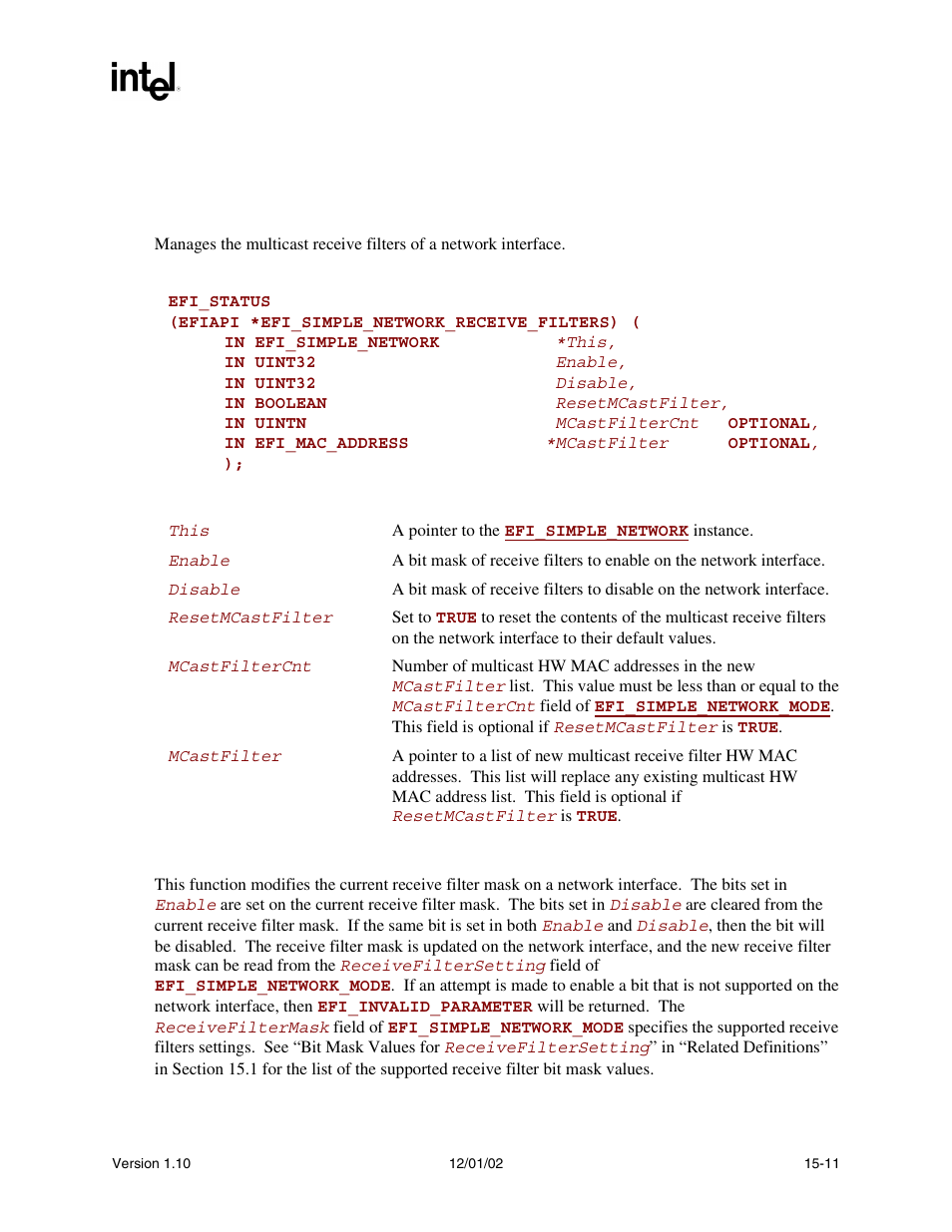 Efi_simple_network.receivefilters(), Receivefilters(), Func | Intel Extensible Firmware Interface User Manual | Page 617 / 1084