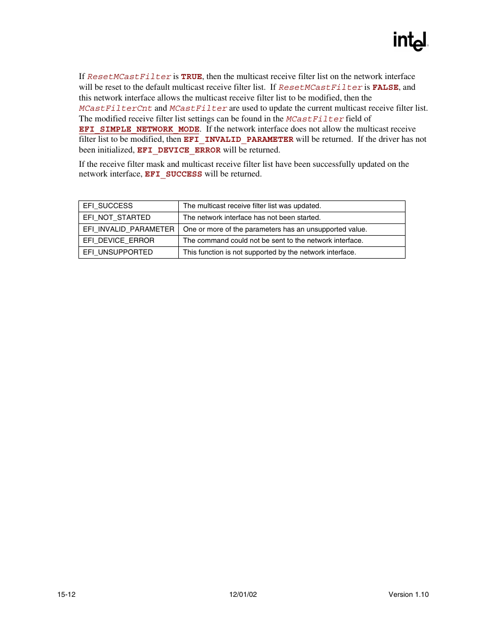 Status codes returned | Intel Extensible Firmware Interface User Manual | Page 618 / 1084