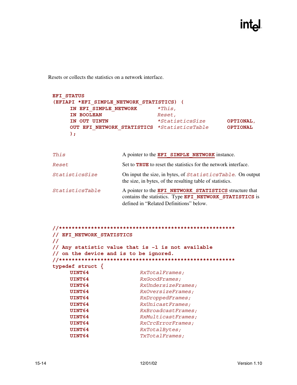Efi_simple_network.statistics(), Statistics(), Func | Intel Extensible Firmware Interface User Manual | Page 620 / 1084